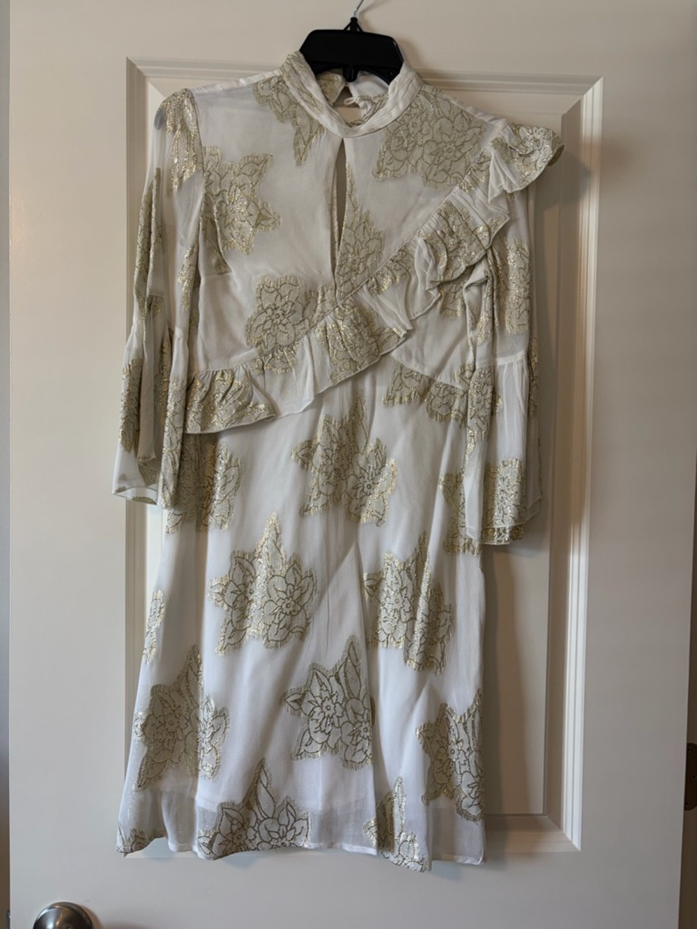 Miss Selfridge - White Dress with Gold Accents - Elegant Ruffle Detail - Size 0
